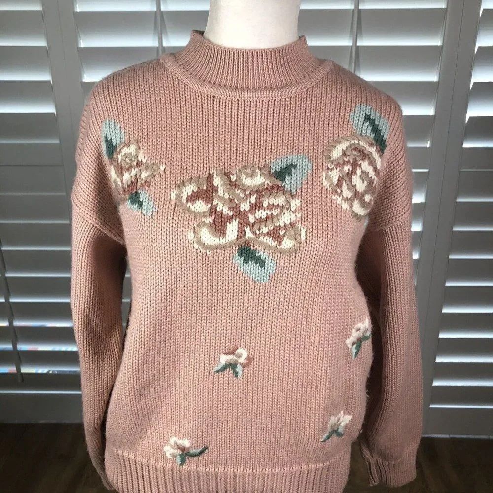 Vintage 80s Pink Pullover Mock Neck Sweater M Floral Wool Blend Stranger Things